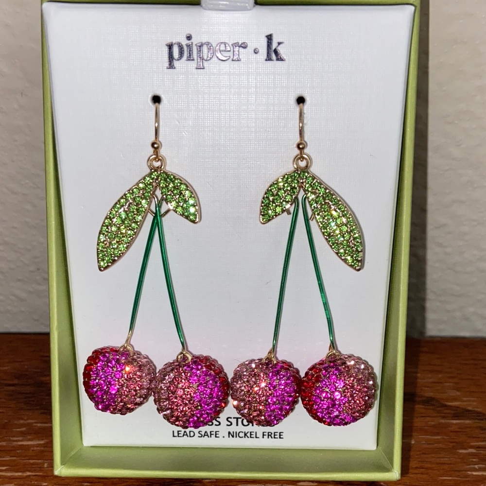 NWTs Piper K Glass Stones Cherry Dangle Earrings